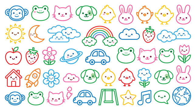 Cute kawaii animal and nature icons set with smiling faces