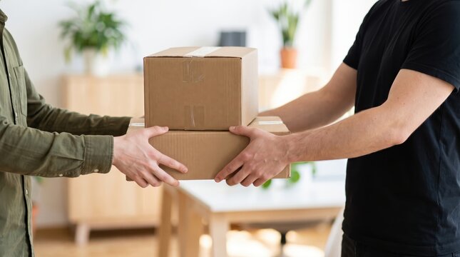 Customer receiving parcel package from delivery worker in modern house background.
