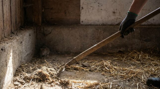 Gloved hand raking dried rodent dropping on dusty barn floor, showing airborne dust particle, potential hantavirus transmission, serious infectious pathogen exposure, zoonotic disease risk.