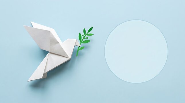 White origami dove of peace holding a green paper olive branch against a light blue background surface