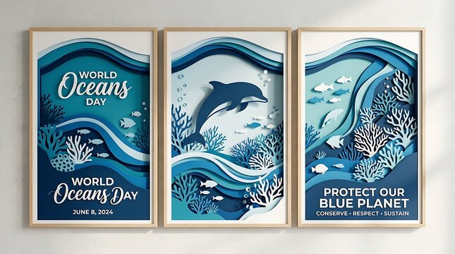 Papercut art marine posters featuring dolphins and corals in various shades of vibrant ocean blue colors