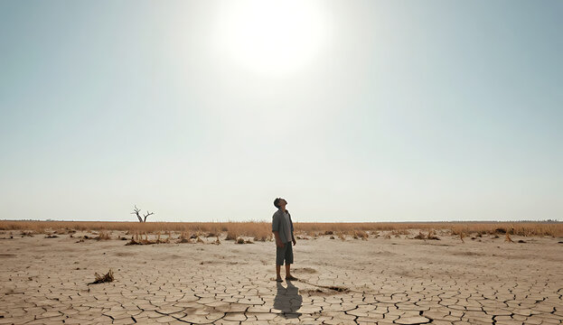 Person standing in cracked dry earth landscape with transparent