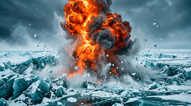 Massive fiery explosion erupting through the frozen arctic ice landscape.
