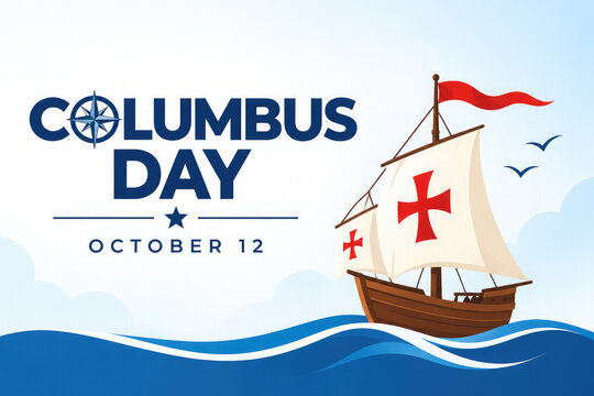 Columbus Day Celebration &ndash; October 12, Sailing Ship and Ocean Waves Holiday Illustration