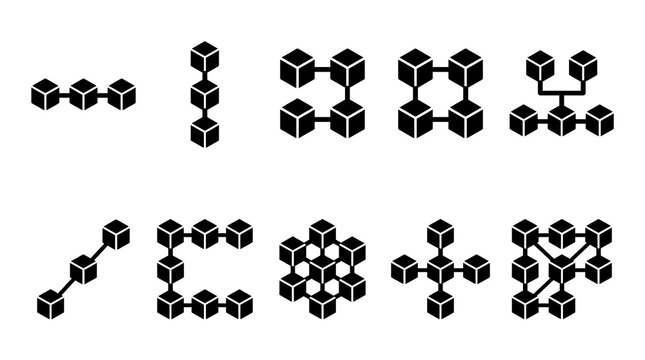 Black blockchain network node icons isolated on transparent background
