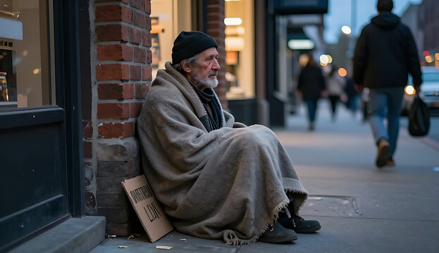 Homeless elderly man sitting on sidewalk with cardboard box at dusk
