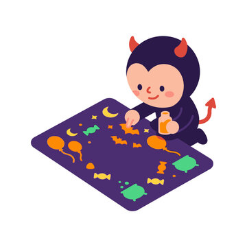 Cute Devil Child Decorating Halloween Mat with Candies and Bats