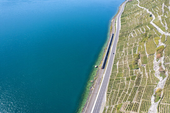 Aerial view of the terraced vineyards of Vignoble du Lavaux along Lake Geneva, with a train on tracks and a road running parallel to the water in Rivaz, Vaud, Switzerland.