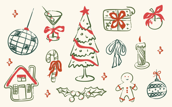 Hand Drawn Christmas Clipart Set With Vintage Disco Ball, Cocktail, Bows, Gingerbread, Tree, And Gift Box Vectors For Holiday Cards, Pattern Design, Packaging, Stickers, And Coquette Seasonal Decor