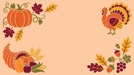 Fototapeta premium Festive thanksgiving background vector featuring a turkey pumpkin cornucopia and autumn leaves for seasonal holiday greeting card design projects