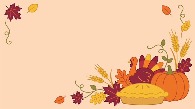 A festive thanksgiving background vector illustration featuring a pumpkin pie and autumn leaves for your seasonal holiday greeting card design