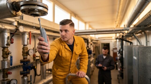Facility technician hand holding ultrasonic detector probe near leaking pipe flange, candid ground level 16:9 view, mustard jumpsuit, golden hour, top copy space