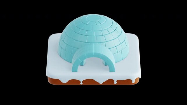 3D igloo ice house rotating in a seamless looping animation. Isolated on transparent background with alpha channel for winter season and Christmas holiday festive video design.