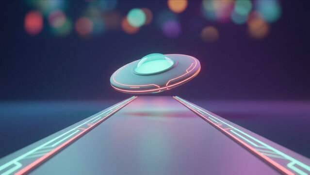 滑走路の中央から静かに上昇する円盤型UFOを描いた3D背景
