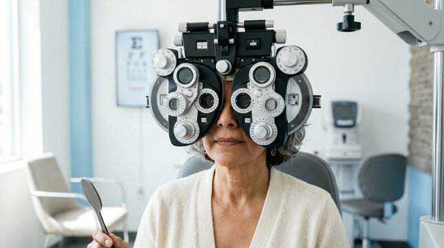 Woman undergoing eye exam with phoropter, optometrist testing vision