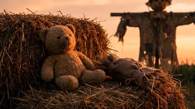 Cute Teddy Bear on Haystack in Farm Field at Sunset