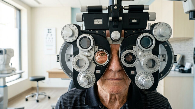 Senior man undergoing eye exam with phoropter, optometry clinic interior.
