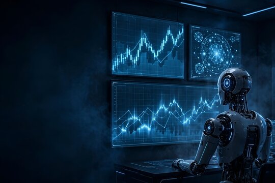 Robot analyzing financial charts on screens, AI trading concept