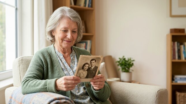 Senior woman holding an old black and white photograph in a living room. Elderly female looking at vintage family picture with nostalgia and memories