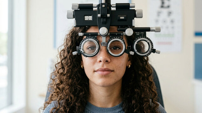 Woman undergoing eye exam with phoropter at optometrist office