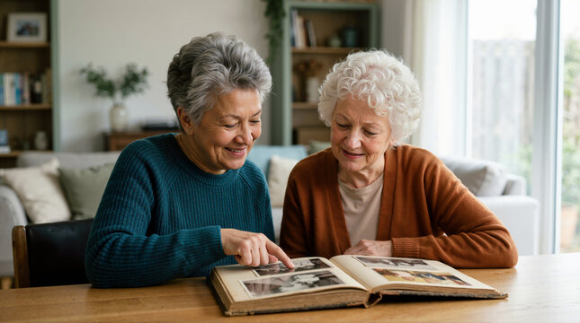 Two senior women looking at an old photo album together. Elderly female friends sitting at a wooden table reviewing memories and pictures. Nostalgia and friendship concept