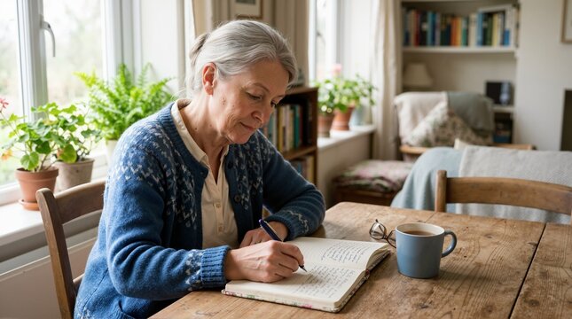 Senior woman writing in a journal at a wooden table. Elderly female writing notes indoors