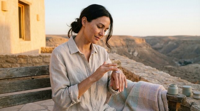 A woman wearing a light colored linen shirt sits on a wooden bench, applying white cream to her hand with small jars nearby on a stone ledge