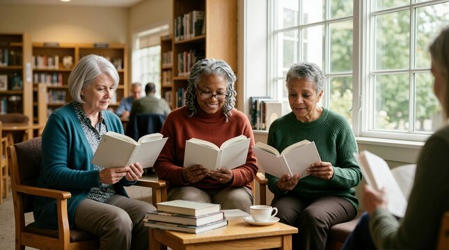 Group of senior women reading books in a public library. Elderly female friends sitting together in a reading room discussing literature. Education and lifelong learning concept