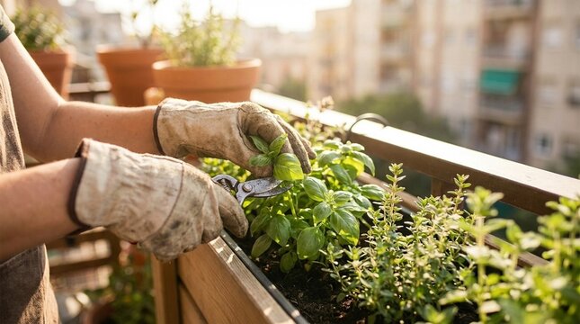 A person wearing gardening gloves carefully snips bright green basil leaves from a planter box filled with various herbs, situated on a balcony overlooking city buildings