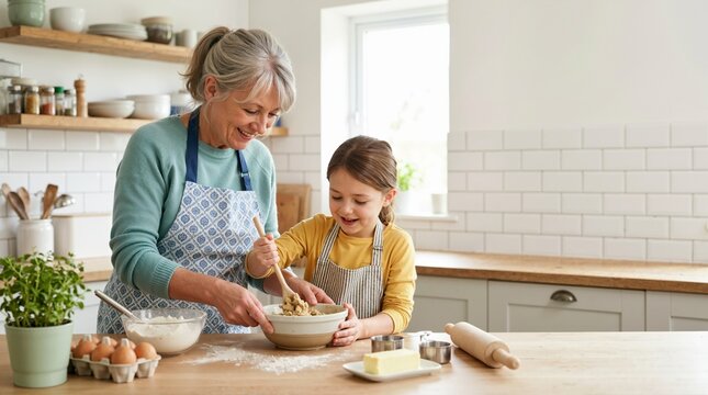 Grandmother and granddaughter baking together in a home kitchen. Senior woman and young child mixing dough in a bowl. Family bonding and generations concept