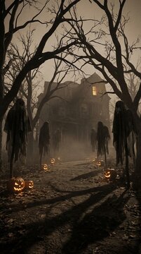Cloaked figures stand along a dirt path leading to a large wooden house, carved pumpkins with glowing faces sit on the ground, bare tree branches frame the scene