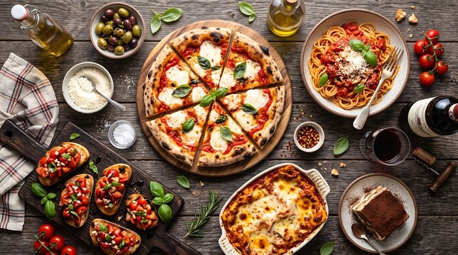 Traditional italian dinner feast with pizza pasta and appetizers