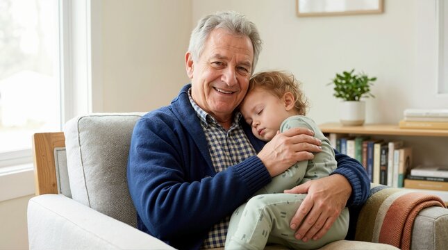 Grandfather holding a sleeping child in an armchair. Elderly man embracing a toddler taking a nap at home. Family care and senior lifestyle concept