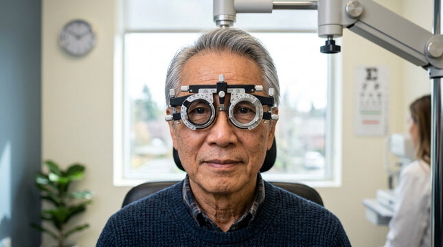 Senior Man During Eye Exam with Trial Frame Glasses
