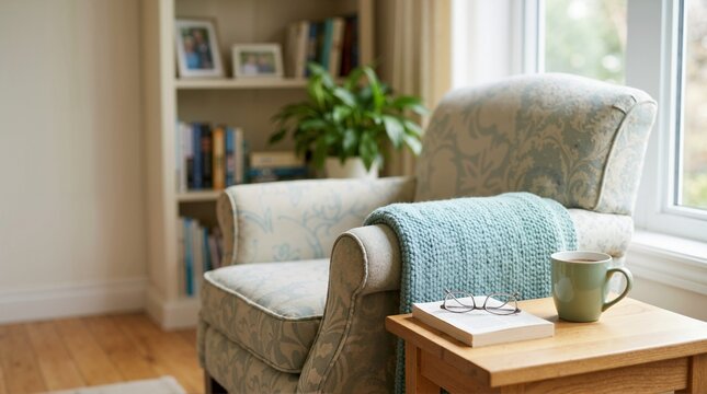 Cozy armchair with a knitted blanket, book, glasses, and a cup of tea. Domestic interior setting near a window. Comfort and relaxation concept