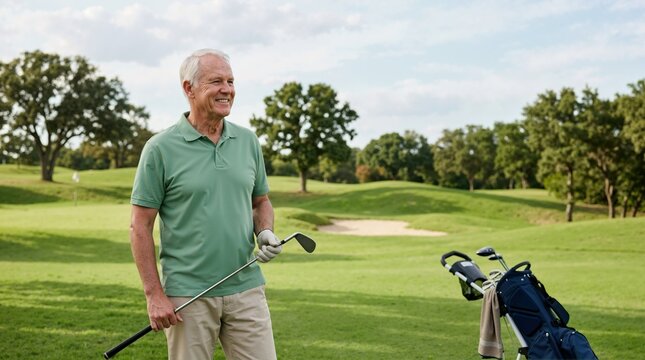 Senior man playing golf on a green course. Elderly male golfer holding a club outdoors. Active retirement lifestyle concept
