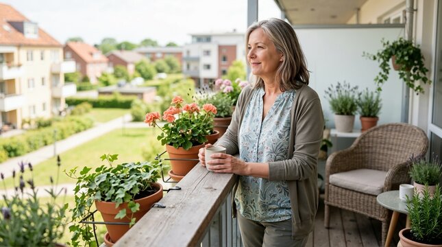 Senior woman enjoying coffee on a balcony. Elderly female holding a mug overlooking an apartment courtyard. Peaceful domestic retirement concept