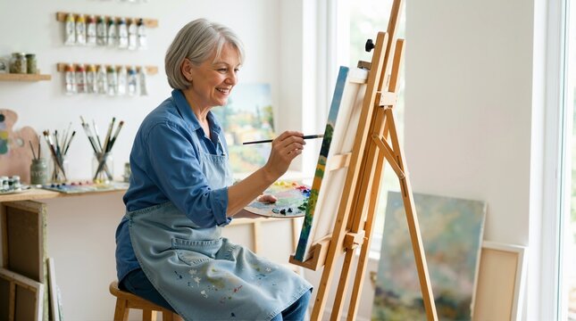 Senior woman painting on canvas in an art studio. Elderly female artist holding a palette and brush. Creative hobby and retirement craft concept