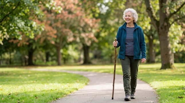Senior woman walking with a wooden stick in a park. Elderly female retiree enjoying outdoor exercise on a paved path