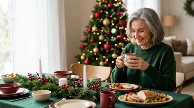Senior woman holding a mug at a Christmas dining table. Elderly female celebrating the holidays with festive decorations