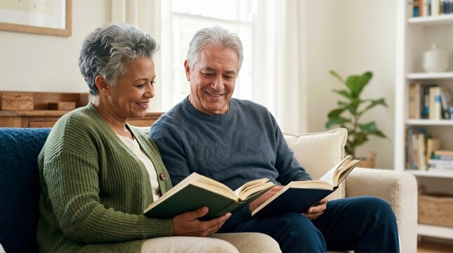 Senior couple reading books together on a sofa. Elderly man and woman enjoying literature in a living room. Education and hobby concept