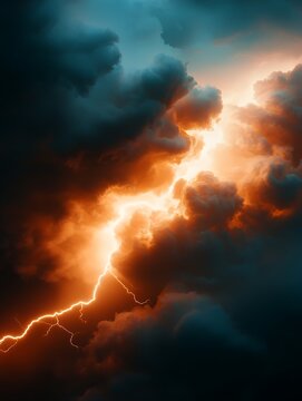Fiery orange lightning bolt cuts through dark, dramatic clouds, creating a striking contrast of light and shadow in the stormy sky