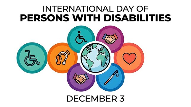International day of persons with disabilities concept vector illustration featuring colorful icons around globe banner