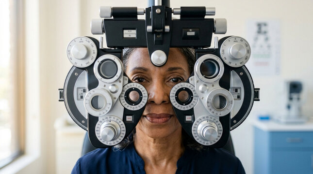 Woman eye exam with phoropter, vision test, optometry clinic, healthcare checkup