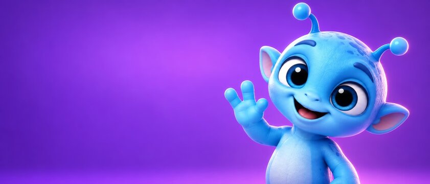 Blue alien character waves cheerfully from the right side of the frame. The cute creature has large eyes and a friendly smile on a vibrant purple background. This whimsical illustration banner format