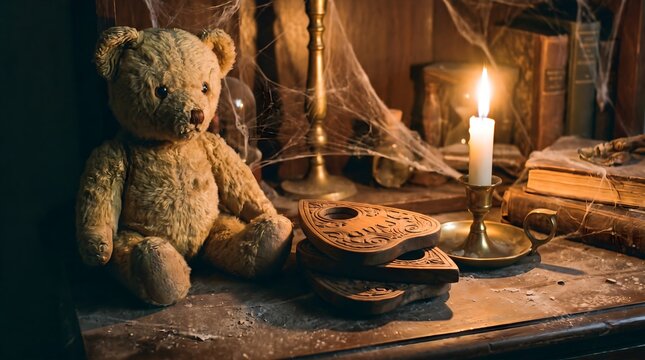 Spooky Still Life with Vintage Teddy Bear and Burning Candle