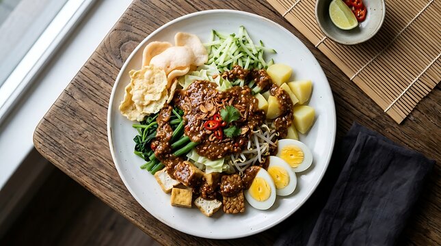 Top view of a fresh gado gado salad with peanut sauce and boiled eggs served on a rustic wood table .simple indonesian dish