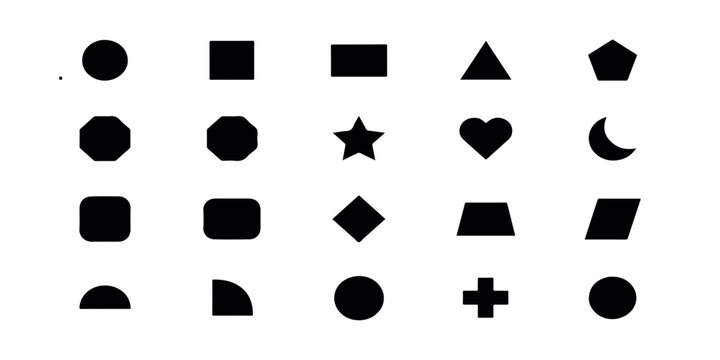 Set of basic black geometric shapes including circles squares triangles stars and hearts