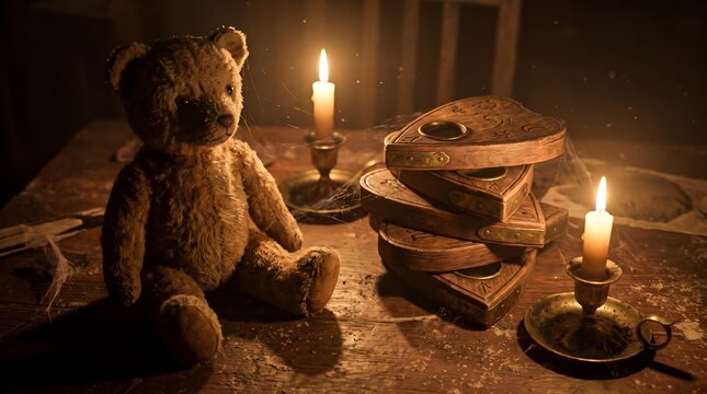 Haunted Teddy Bear and Occult Planchettes in Candlelight