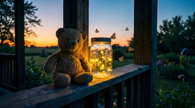 Nostalgic Teddy Bear and Glowing Mason Jar on Porch at Sunset